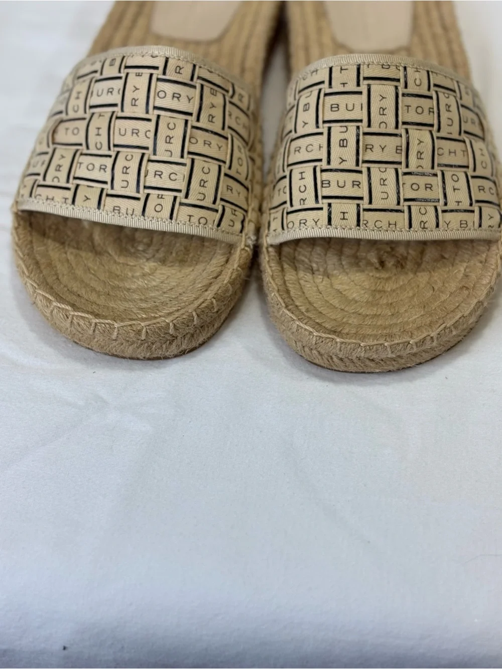 Tory Burch Tan Logo-Print Woven Espadrille Slide Sandals SZ 7.5 VGC $265